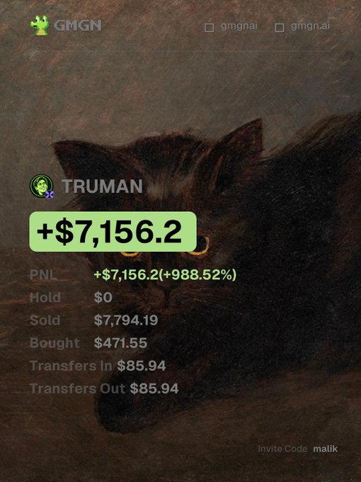 A trading interface screenshot showing the user 'TRUMAN' with a PNL of +$7,156.2 (+988.52%) on the GMGN platform, overlaid on a dark, textured animal image, with an invite code 'malik'.