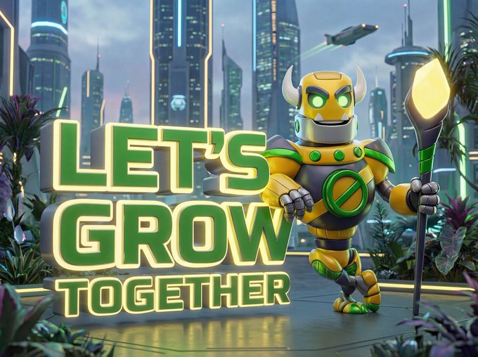 A vibrant 3D illustration of a horned yellow and green robot mascot holding a staff, with the large text 'LET'S GROW TOGETHER' against a futuristic cyberpunk cityscape.