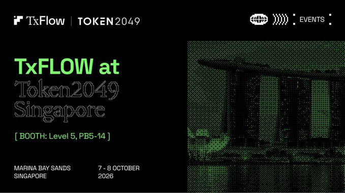 A promotional graphic for TxFlow's appearance at Token2049 Singapore, featuring a halftone image of the Marina Bay Sands hotel and details including booth location PB5-14 on Level 5 and the event dates of 7-8 October 2026. The image visually reinforces the post's announcement about meeting the team at their designated booth at the conference.