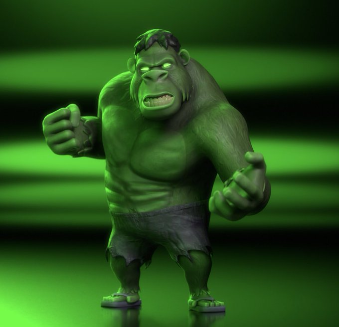 A 3D-rendered green gorilla-like figure with glowing eyes stands in a fighting stance wearing torn shorts and flip-flops against a green horizontal-striped background.