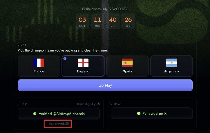 A prediction game interface with a countdown timer ending July 17, asking users to pick a champion team, with England selected and a $5 reward indicated in a red box.