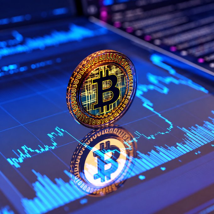 A gold Bitcoin coin standing upright on a reflective surface with a blue digital stock chart graph in the background.