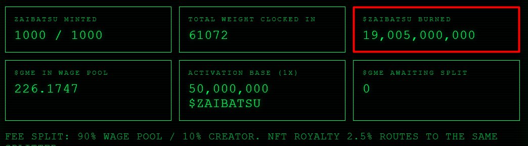 A green terminal-style dashboard displays key metrics including "ZAIBATSU MINTED" (1000/1000), "TOTAL WEIGHT CLOCKED IN" (61072), and "$ZAIBATSU BURNED" (19,005,000,000), with 226.1747 $GME in the wage pool against a 50,000,000 $ZAIBATSU activation base, illustrating the mining and swap activity mentioned in the post about collaborating to mine $GME and swap it for $ZAIBATSU tokens.