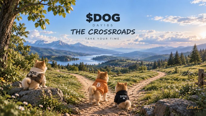 An illustrated landscape titled "$DOG DAY 185 THE CROSSROADS TAKE YOUR TIME" showing three Shiba Inu dogs wearing $DOG shirts standing on a grassy hill overlooking mountains and a lake.