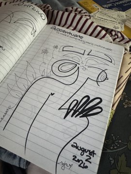 An open lined notebook from Aldenate with pencil sketches and abstract doodles, dated 'august 22' and labeled 'yay' at the bottom.