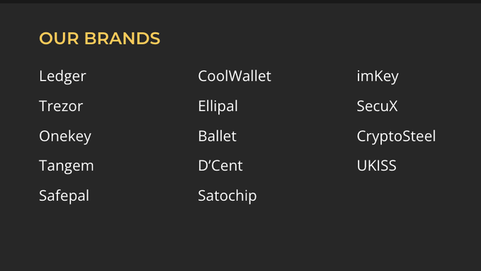 A dark interface listing supported hardware wallet brands including Ledger, Trezor, Onekey, Tangem, Safepal, CoolWallet, Ellipal, Ballet, D'Cent, Satochip, imKey, SecuX, CryptoSteel, and UKISS.