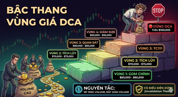 Vietnamese infographic illustrating a DCA price zone staircase (Bậc thang vùng giá DCA) with accumulation zones from $60,000 to $95,000 and a stop DCA zone above $100,000.