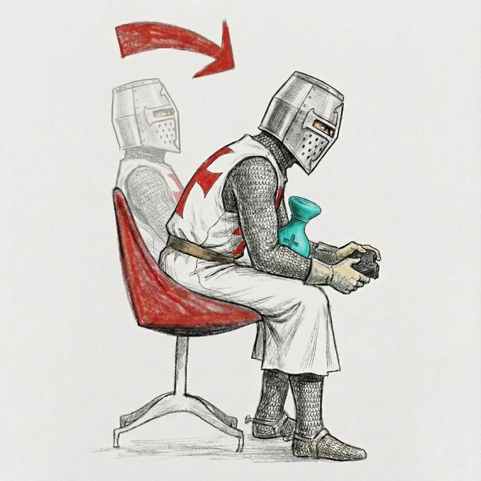 The image features a cartoon illustration of a knight sitting on a red chair with his legs crossed. He is wearing a white tunic and holding a green object that appears to be a water bottle or cup. The background of the drawing is white, which contrasts with the knight's attire and the color of the object he holds. The post "onchain, hyperliquid. in essence, holyliquid" suggests that there might be some sort of connection between the knight's outfit and the green object he is holding, possibly symbolizing a connection to water or a spiritual theme.