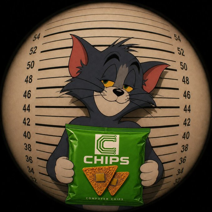 An artistic illustration of Tom from Tom and Jerry in a police lineup mugshot style, holding a green bag of snacks labeled 'C CHIPS COMPUTER CHIPS' against a height chart background.