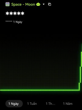 The image shows a minimalist line chart on a dark background, displaying a green line that remains flat across the entire "1 Ngày" (1 Day) timeframe at the bottom, with the asset labeled "Space - Moon" (🐸) at the top. The chart's flat trajectory visually echoes the post's message about meme trading volatility—suggesting a contrast between the dream of massive gains ("Moon") and the often stagnant reality of holding through the turbulence.