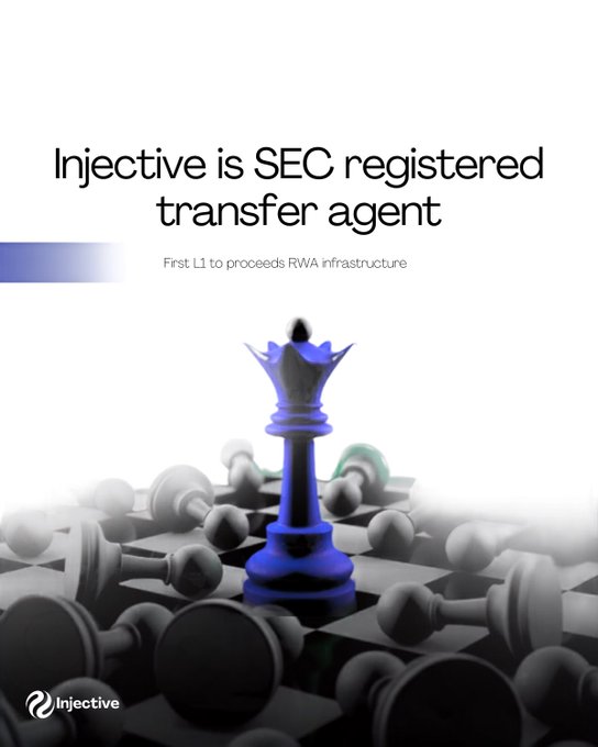A promotional image stating 'Injective is SEC registered transfer agent' and 'First L1 to proceeds RWA infrastructure,' featuring a blue king chess piece on a chessboard with fallen pieces.