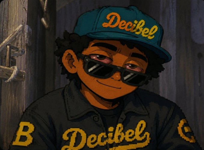An animated cartoon character wearing sunglasses and a teal cap with 'Decibel' written on it smiles, wearing a matching 'Decibel' jacket.