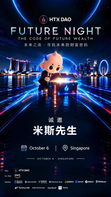 An official invitation to the "HTX DAO Future Night" event on October 6 in Singapore, featuring a cartoon mascot opening a glowing treasure chest against a Singapore skyline, with text indicating "诚邀 米斯先生" (Invitation for Mr. Mis) and listing co-hosts aws and partners including TechFlow, WSJ, Wu Blockchain, and PANews.