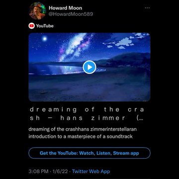 The image shows a Twitter post by Howard Moon (@HowardMoon589) featuring a YouTube thumbnail with a starry night sky over water, titled "dreaming of the crash – hans zimmer" as an introduction to the iconic soundtrack. The accompanying post uses this dramatic crash imagery as a metaphor for a potential market reset to extreme lows, likening it to the haunting, atmospheric Hans Zimmer score.