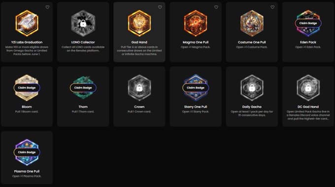 The image shows a collection of Soulbound Tokens (SBTs) earned on the Renaiss platform, featuring hexagonal NFT cards with various achievement titles like "Y23 Labs Graduation," "LOMO Collector," "God Hand," "Magma One Pull," "Eden Pack," "Plasma One Pull," and others, each indicating a specific milestone or collectible. The collection reflects the user's boast of having "90+" SBTs, with several cards marked "Claim Badge" indicating newly unlocked achievements in the Renaiss ecosystem.