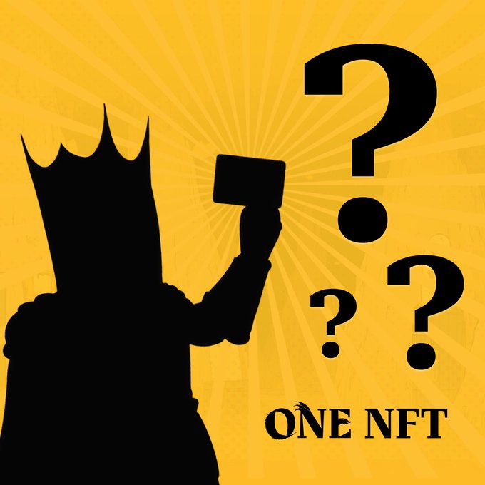 A black silhouette of a figure wearing a crown and holding a sign stands against a bright yellow sunburst background with large question marks and the text "ONE NFT" displayed. The image visually reinforces the post's message about the Quants NFT collection by portraying an anonymous, inquisitive figure—suggesting the mystery and early-adopter opportunity tied to the Quant AI ecosystem.