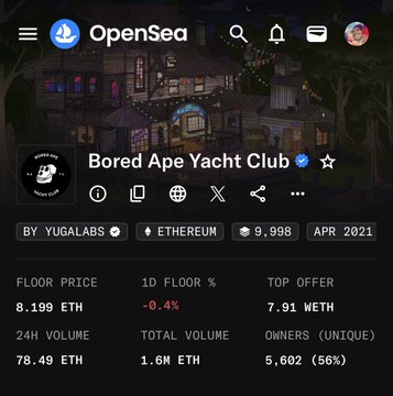 OpenSea app screenshot displaying the Bored Ape Yacht Club collection by YUGALABS on Ethereum, showing a floor price of 8.199 ETH, 24h volume of 78.49 ETH, and 5,602 unique owners.