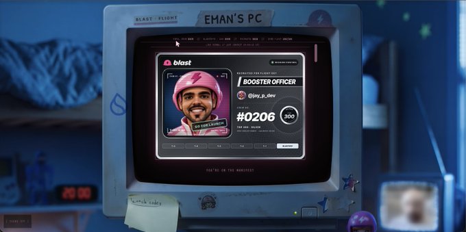 A retro computer monitor labeled 'EMAN'S PC' displays a Blast profile page for 'BOOSTER OFFICER' (@im_a_dev) showing rank #0206 with 200 points, featuring a man in a pink helmet with an avocado emoji.