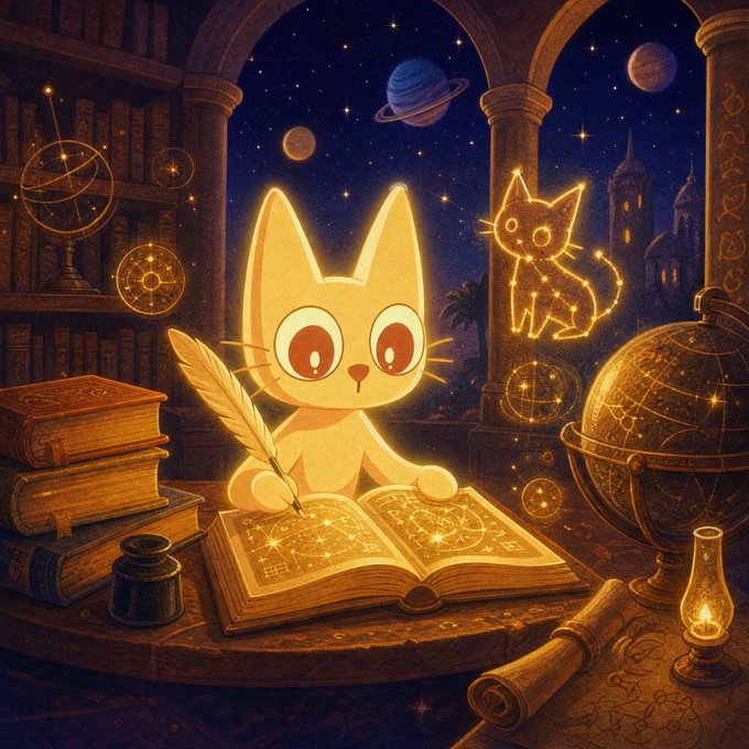 A glowing cartoon cat writes in a magical book surrounded by floating celestial spheres, an ancient armillary, and a constellation-shaped kitten, perfectly capturing the whimsical, starry "study alchemy $CETS" theme of cosmic study and arcane research.