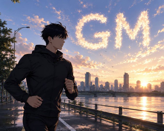 An anime-style illustration shows a dark-haired male character in a black jacket jogging along a riverside path at sunset, with a city skyline and the word 'NOW' spelled out in clouds in the sky.