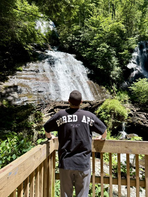 The image features a man standing on a wooden deck, looking out at a waterfall. He is wearing a black t-shirt with white text that reads "bored ape yacht club". The man appears to be enjoying his time observing the waterfall from this elevated position.