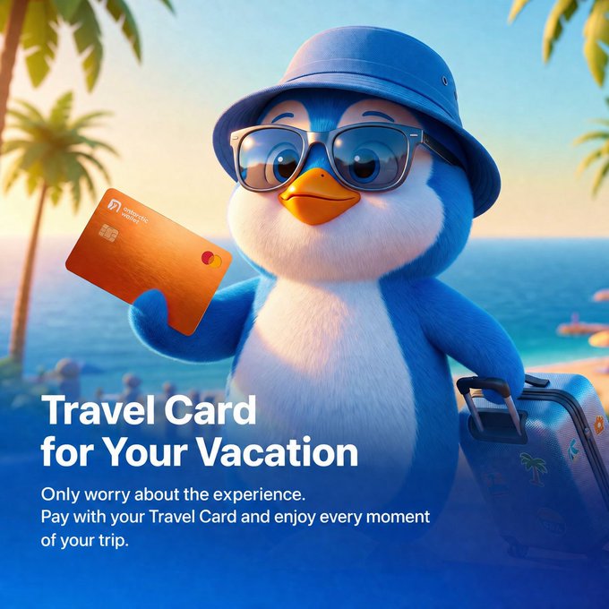 A 3D-rendered blue penguin wearing sunglasses and a bucket hat holds a credit card and suitcase on a beach, advertising a 'Travel Card for Your Vacation'.