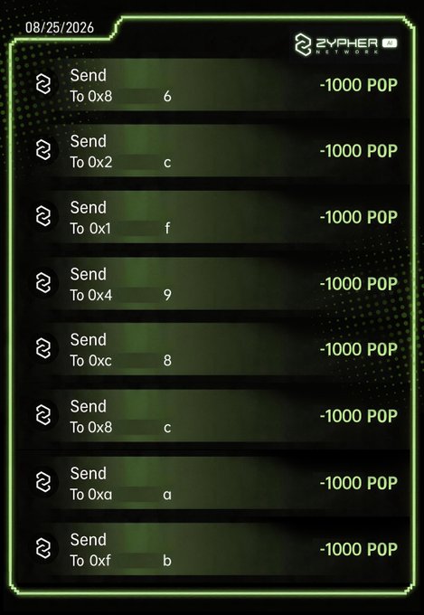 Zypher Network transaction log dated 08/25/2026 showing multiple "Send" transactions of -1000 POP each to various hex addresses (0x8, 0x2, 0x1, 0x4, 0xc, 0xa, 0xf) with corresponding value characters (6, c, f, 9, 8, c, a, b).