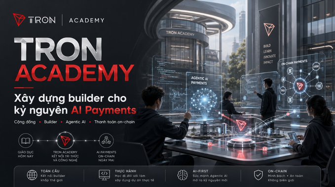 A promotional banner for TRON Academy, featuring a futuristic training facility with builders interacting with holographic "Agentic AI Payments" and "On-Chain Payments" displays, with Vietnamese text highlighting the mission to develop builders for the AI Payments era through on-chain learning, community, and innovation—directly reinforcing the post's message that TRON Academy is key to building a skilled developer ecosystem for TRON's long-term growth.