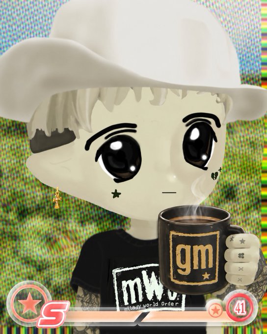 A 3D-rendered chibi-style character wearing a white hat and black 'mwo' t-shirt holds a 'gm' coffee mug against a glitchy background.