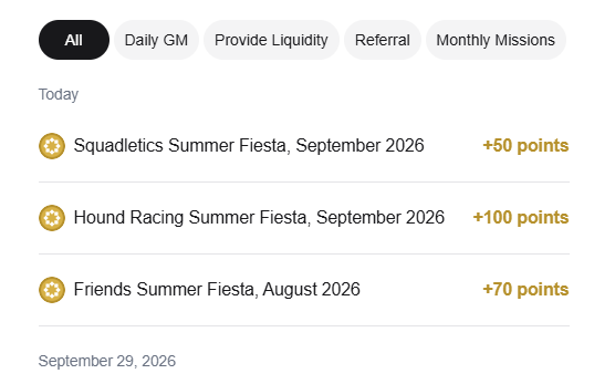 A points history interface showing three completed missions: 'Squadetics Summer Fiesta, September 2026' (+50 points), 'Hound Racing Summer Fiesta, September 2026' (+100 points), and 'Friends Summer Fiesta, August 2026' (+70 points), dated September 29, 2026.