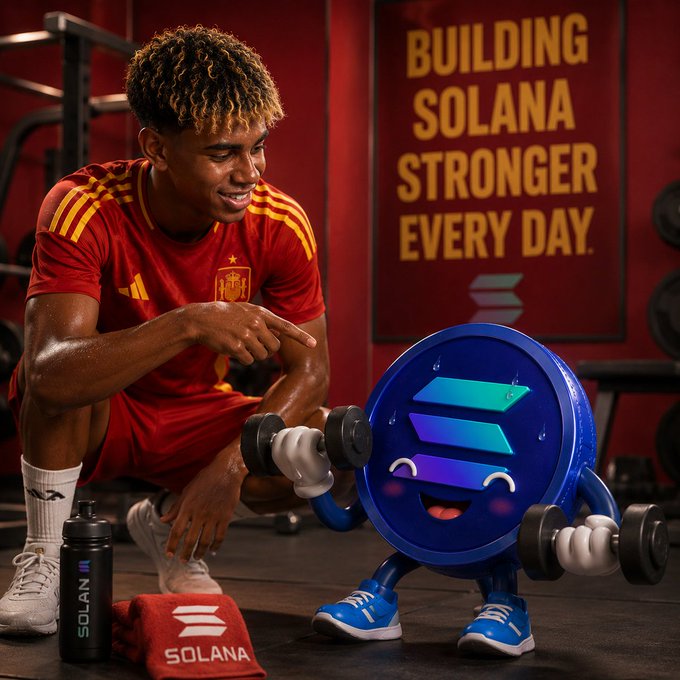 Promotional image for Solana cryptocurrency featuring a soccer player in a Spain kit smiling at a cartoon Solana coin mascot lifting weights, with the tagline 'BUILDING SOLANA STRONGER EVERY DAY.'