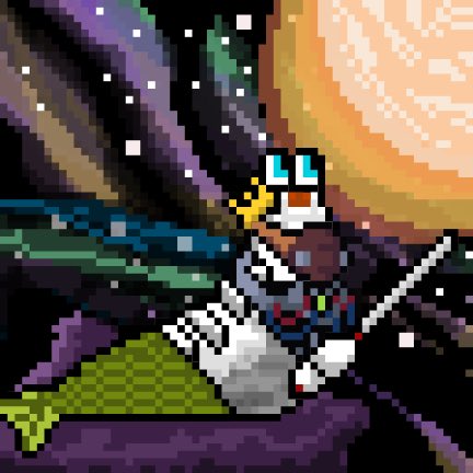 The image features a cartoon character, possibly a bird or a fish, sitting on top of a purple object. The character appears to be wearing glasses and has a sword in its hand. The background of the image shows a sky filled with stars, giving the impression that the character is floating among them. The caption below the image reads "Day 465 of posting a slug until SOL hits ATH".