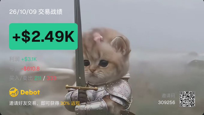 The image is a promotional graphic featuring a cute kitten dressed in knight armor, showing trading results for 10/26/09 with a daily gain of **+$2.49K** (profit +$3.1K, loss -$610.8, with 211 buys and 333 sells), branded by "Debot" with a referral code "309256." The armored kitten warrior visually reinforces the post's message about the trading strategy "Little PigFarm" having a reliable floor of performance, even if gains are modest—symbolizing steady, well-protected returns as the user heads off to the gym.