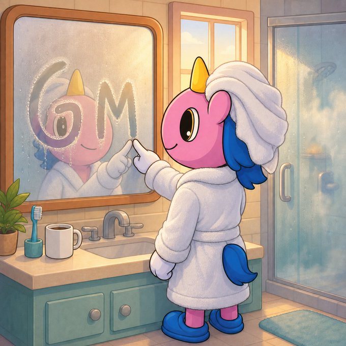 A cute, colorful cartoon illustration of a pink unicorn-like character wrapped in a white bath towel with a towel on its head, drawing on a steamy bathroom mirror.
