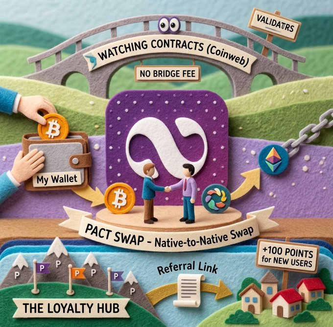 A colorful felt-style promotional graphic for 'PACT SWAP - Native-to-Native Swap' featuring Watching Contracts (Coinweb), My Wallet, and The Loyalty Hub with referral link details.
