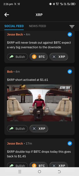 A social feed for XRP showing posts by Jesse Beck and Bob discussing BTC and XRP price predictions, with sentiment tags indicating 'Bullish' calls and mentions of '$BTC' and '$XRP' tokens.