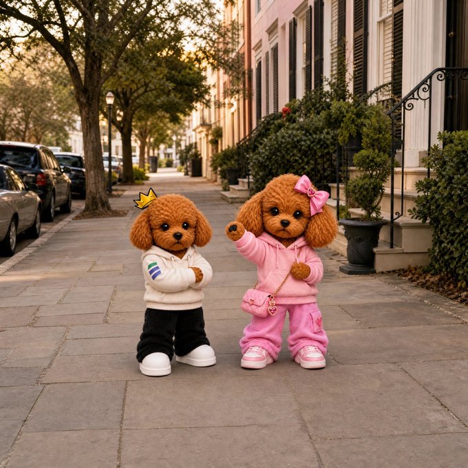 Two plush toy dogs dressed in coordinated streetwear—one in a white hoodie and black pants, the other in a pink tracksuit with a matching bow and purse—stand on a city sidewalk, playfully styled as "GM traders" gearing up for the day.