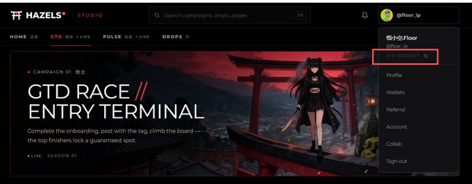 A screenshot of the Hazels Studio website showing a dropdown menu with options including Profile, Wallets, Referral, Account, and Sign out, with the username '@fioer_ip' visible.