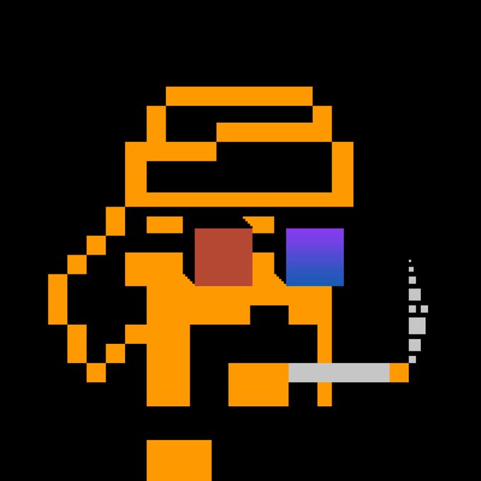 A pixel art image of an orange cartoon character wearing 3D glasses (red and blue lenses) and holding a cigarette.