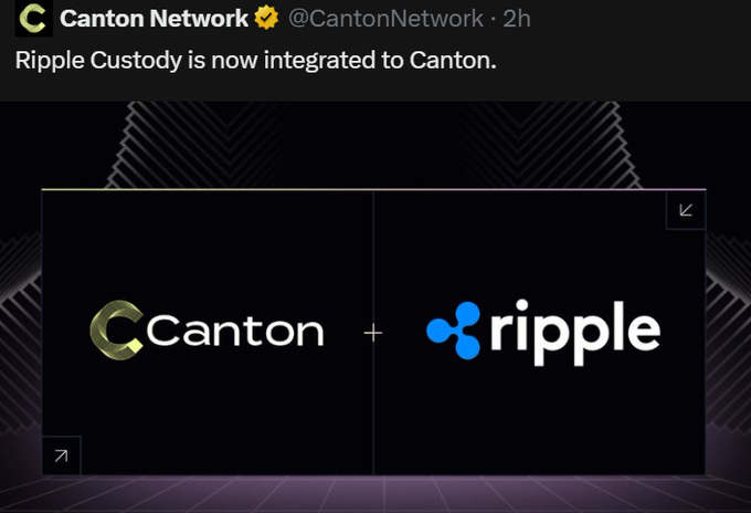 A tweet from Canton Network (@CantonNetwork) announces that "Ripple Custody is now integrated to Canton," displayed alongside the Canton and Ripple logos on a dark background. The post's caption about the DTCC launch suggests this Ripple-Canton integration may be strategically timed ahead of major institutional infrastructure developments.
