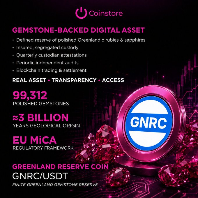 A promotional graphic for Coinstore's Greenland Reserve Coin (GNRC/USDT), a gemstone-backed digital asset featuring 99,312 polished gemstones with ~3 billion years geological origin, compliant with EU MiCA regulatory framework.