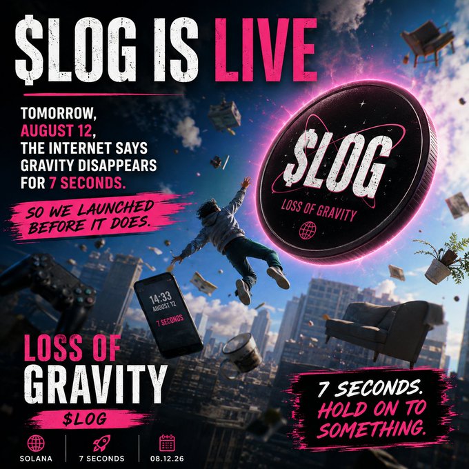 A promotional graphic for "$LOG" featuring the text "SLOG IS LIVE", "TOMORROW, AUGUST 12", and "LOSS OF GRAVITY", showing a person falling through the air with floating objects against a city skyline.