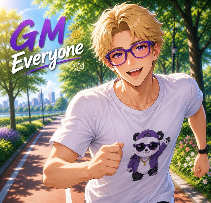 An anime-style illustration of a blonde man with purple glasses jogging in a park, wearing a white t-shirt featuring a cartoon panda design and gold chain, with 'GM Everyone' text in the corner.