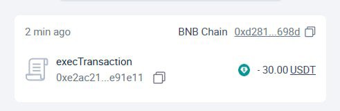 A notification from 2 minutes ago on BNB Chain (address 0xd281...698d) shows a transaction executing (execTransaction at 0xe2ac21...e91e11) that drained 30.00 USDT from the wallet, matching the user's claim of losing funds to a scam after clicking a fake whitelist eligibility link in a Discord server.