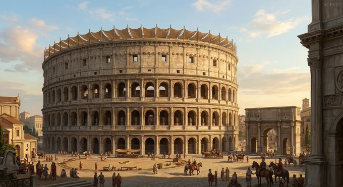 A detailed illustration or AI-generated rendering of the Roman Colosseum with crowds of people and horses in the plaza, with 'AGENTJD' watermarked in the top right.