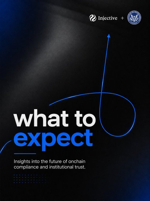 A dark poster with a fabric texture displaying the 'Injective' and a US government-style seal logos, featuring large white and blue text reading 'what to expect' and a subtitle 'Insights into the future of onchain compliance and institutional trust,' accented by a blue looping arrow.
