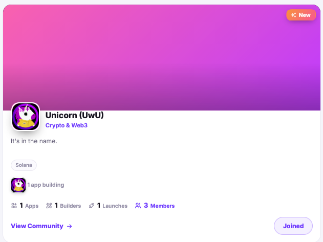A community profile card for 'Unicorn (UwU)' in the 'Crypto & Web3' category, indicating it is built on Solana, has 1 app building, and the user has joined.