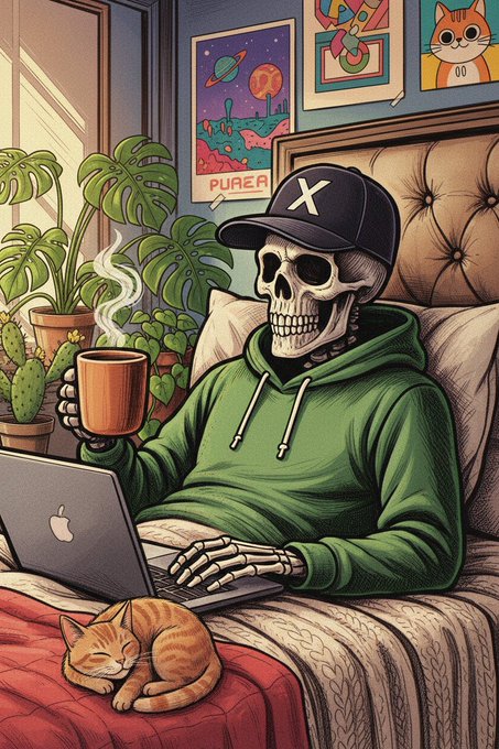 An illustration of a skeleton wearing a green hoodie and an 'X' cap using a laptop on a bed while holding a coffee mug, with a sleeping orange cat nearby.