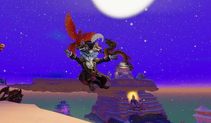 A 3D animated character resembling a pirate with fox-like features, wearing a red coat and wielding swords, posed dramatically against a starry night sky with a full moon.