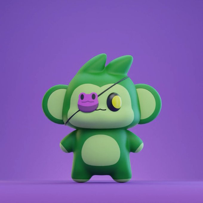 A 3D rendered image of a cute, stylized green monkey character with a purple nose and one visible yellow eye, standing against a solid purple background.